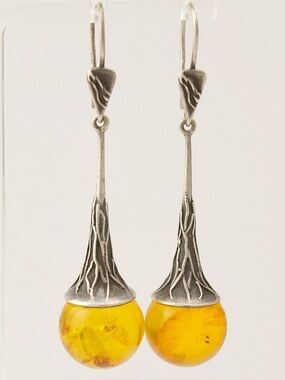 Vintage Baltic Amber Sterling Silver Dangle Earrings Long Orb